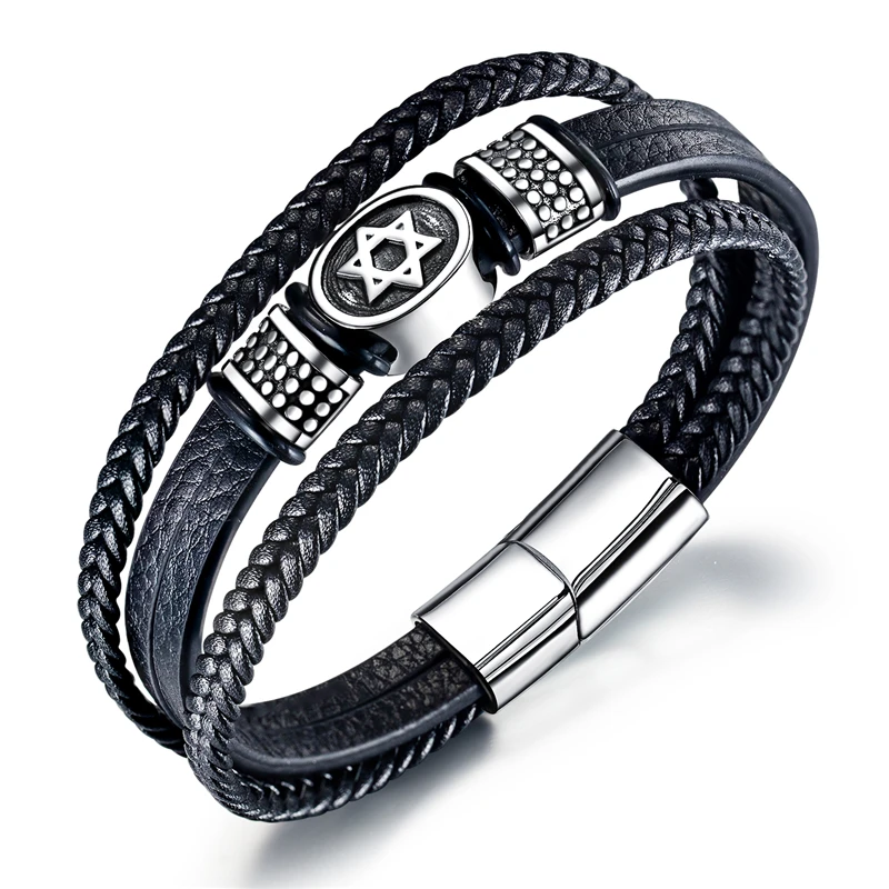 

Men Bracelet Stainless Steel Bangles Luxury Brand Punk Mens Retro High Quality Black Leather Bracelet Fashion Selling Jewelry