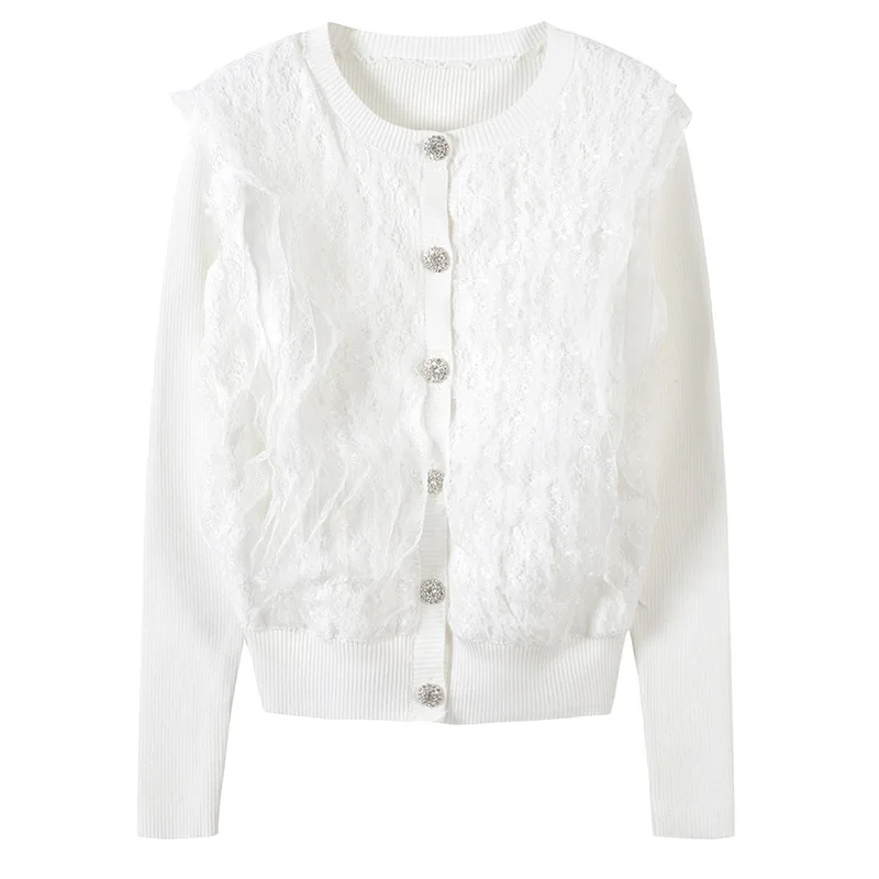 Slim Elegant Fake Lace Cardigans Femme Shrug Spring Autumn Sweater Coat Women Cardigan Knit Tops Runway Design Outwear