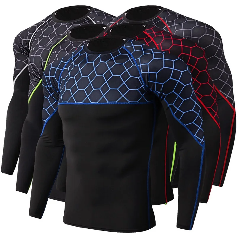 

Men's Fitness Print Stitching Long-sleeved Sports Running Training Wicking Quick-drying High Elastic Tights Long Sleeve Dry Men