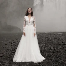Verngo А-силуэт свадебное платье-бохо свадебное платье Аппликации Кружева Свадебные платья Элегантный V-back невесты платье с длинным рукавом Gelinlik