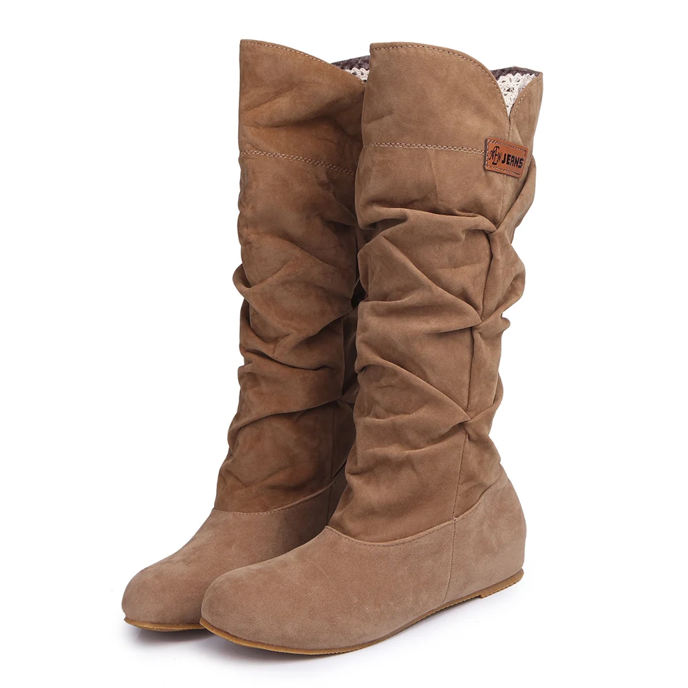Women Fur Knee High Boots Fashion Flock Plush Padded Winter Snow Boots Casual Flat Heels Lace Warm Black Brown Long Boots Ladies