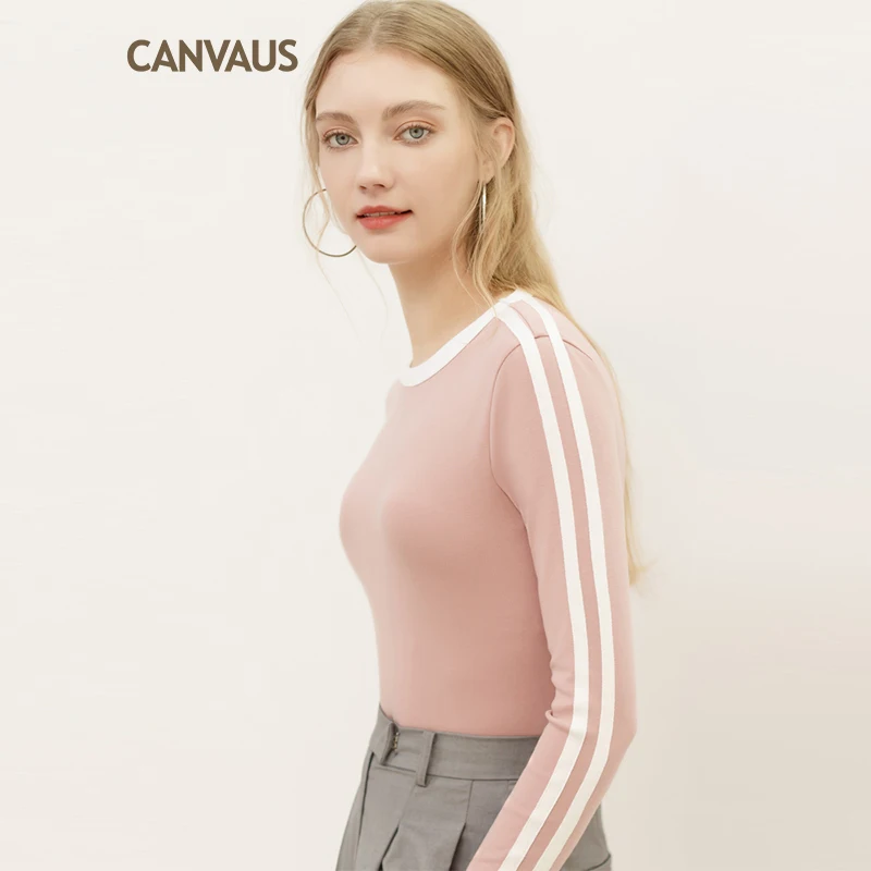 Canvaus черная хлопковая футболка с длинным рукавом Женская Осенняя полосатая футболка с круглым вырезом футболки женская одежда