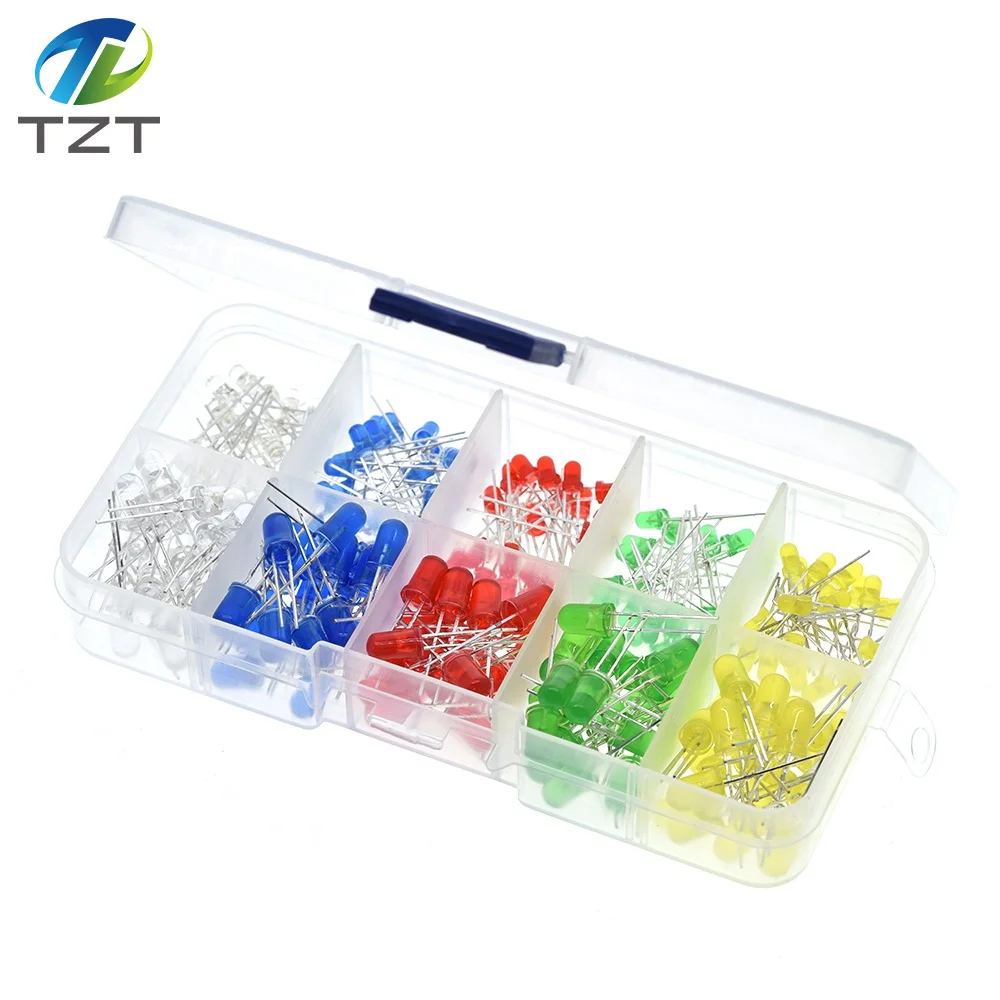 TZT, 200 шт./лот, 3 мм, 5 мм, светодиодный комплект с коробкой, разноцветный, красный, зеленый, желтый, синий, белый светильник, диод, ассортимент 20 шт., каждый