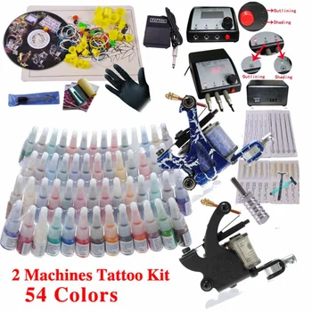 

Professional Tattoo Kit Two Tattoo Machine Guns Power Supply 54 Colors Pigment Inks sets Body Art Permanent Makeup Tattoo Set