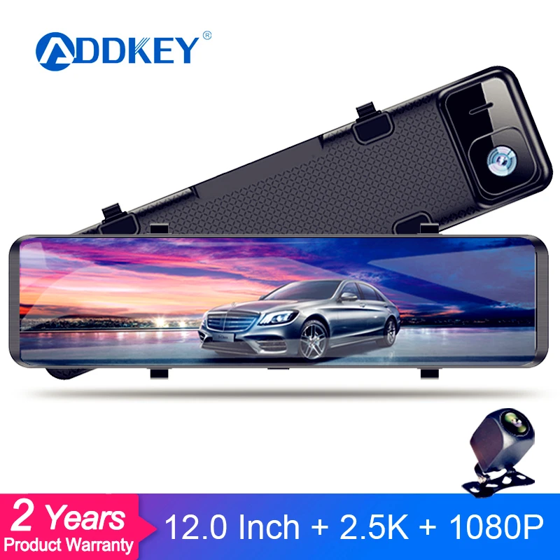 ADDKEY 12 Inch Touch Screen Car DVR 2.5K Rearview Mirror Dash Cam Auto Recorder Dashcam Dual Lens support 1080P Rear Camera