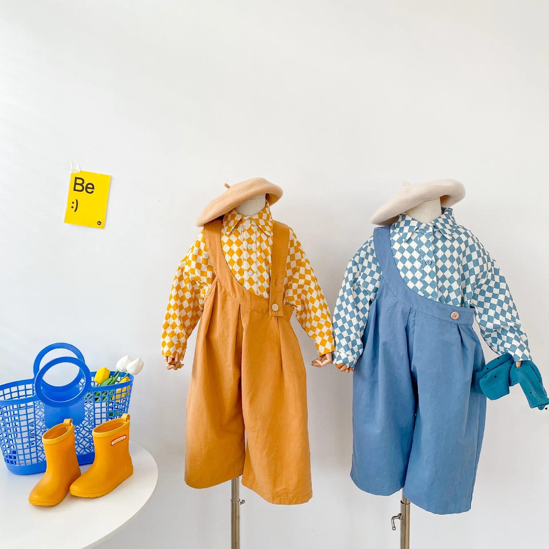 2022 Spring Kids Sets Clothes Children Clothing Suit Baby Boy Girl Fashion  Cotton Linen Plaid Blouse+Pants Jumpsuit 2pcs Outfits