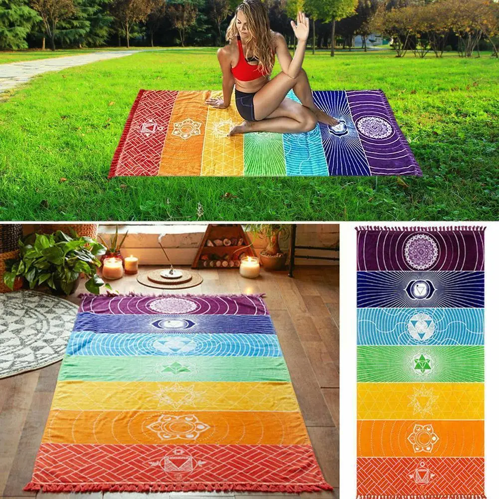 

Hot 1Pcs Tassels Single Rainbow Chakra Tapestry Towel Mandala Stripes Polyester Mat Tapestry Beach Travel Mat Yoga Boho J6R0