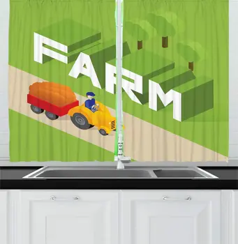 

Lime Green Mustard Hay Kitchen Curtains Farm Lettering Written by Plants Gardening Tractor Farming Organic Life Theme