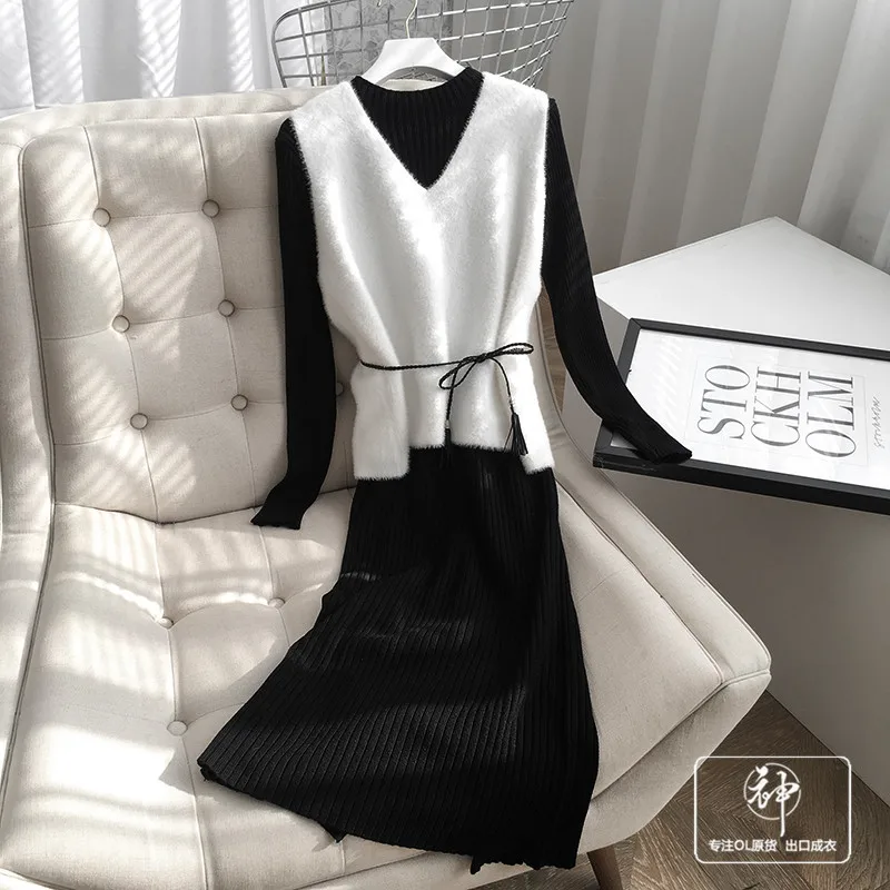 

A Generation of 2019 Winter New Elegant Faux Cashmere Vest Waistcoat Dress Western Style Two-Piece Set Entity