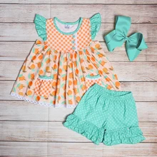 Vêtements d'été à carreaux Orange pour filles, jupe sans manches et short vert, motif imprimé de feuilles vertes, Orange, pêche, tenues pour tout petits