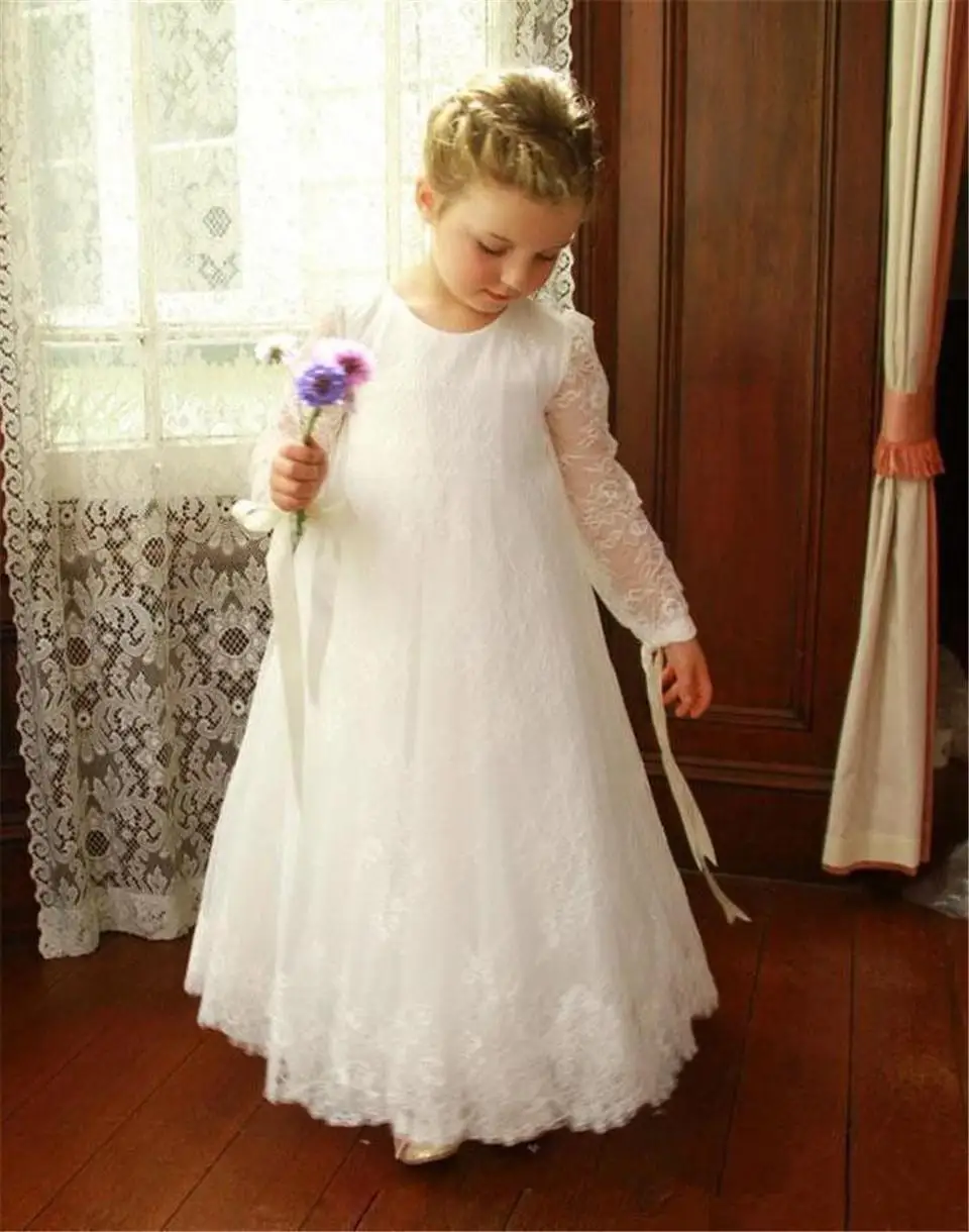234  Lace Long Flower Girl Dress For Wedding Brithday Party Ivory White Fist Communion Dress Long Sleeve Poet Chilrens Wear