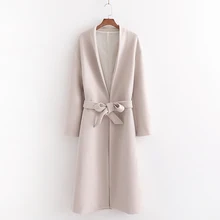 ZOEPO шерстяное пальто с поясом на талии для Женщин, Модные осенние зимние однотонные куртки с v-образным вырезом для женщин, элегантные длинные пальто для женщин JN