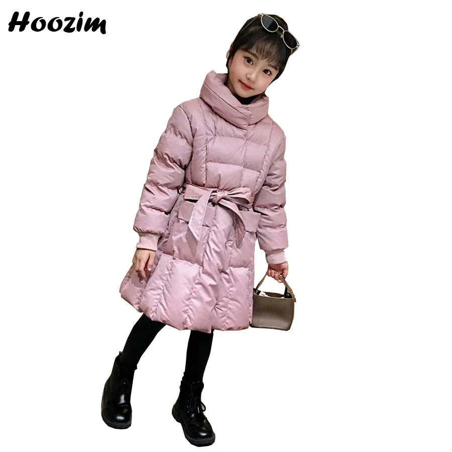 

Winter Black Turtleneck Quilted Jacket Girls 4-12 Years European Minimalist Parka Children Chic Belt Long Outerwear Coat Girls
