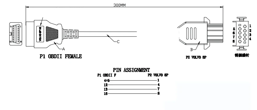 Подходит для Volvo 8Pin к OBD2 16Pin женский кабель для VOLVO большегрузный автомобиль диагностический разъем OBD2 кабель-адаптер для Volvo 8Pin