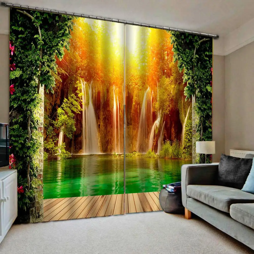 Blockout Drapes Fabric Jungle Waterfall Scenic 3D Photo Printing Window Curtains 