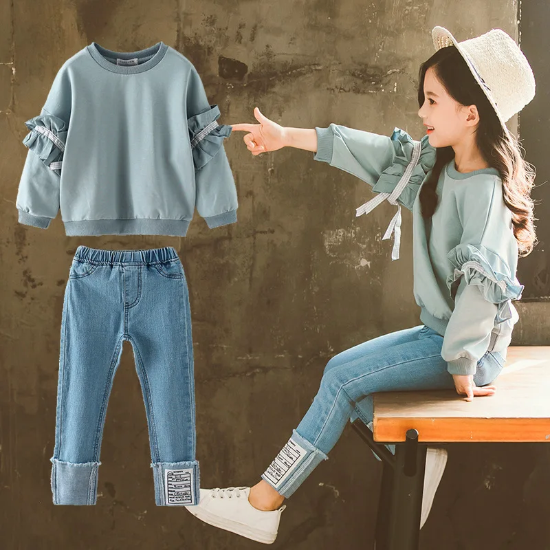 

Childrenswear 2019 Spring And Autumn New Style Girls Korean-style Lace Sleeve Jeans Set Middle And Large Children Two-Piece Set