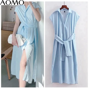 

AOMO fashion women summer blue shirt dress with slash 2020 new arrival short Sleeve Ladies Loose midi Dress 3Z77A