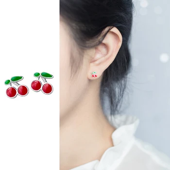 

Mocanie Colorful Enamel Sweet Lovely Fruit Cherry Stud Earring for Women 925 Sterling Silver Plant Ear Pin Fine Jewelry Gift