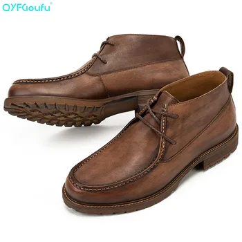 

QYFCIOUFU Men New Retro Spring Autumn Manual Cow Leather Ankle Riding Equestrian Round Toe Lace-up Sewing Martins boots