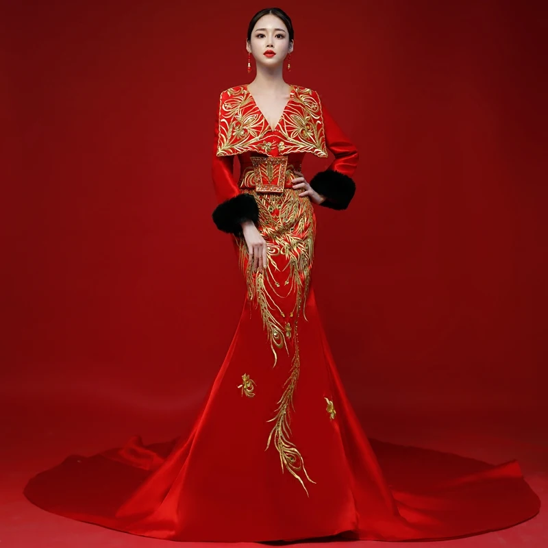 

Host Dress Female New Elegant Long Noble Red Model Walking Show Dresses Exaggerate Sexy China style