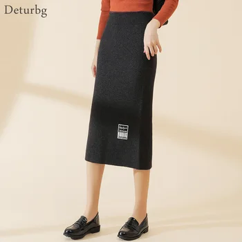 

Womens Fashion Letters Print Midi Straight Skirt Female High Waist Knitted Mink Cashmere Thickened Splits Skirts Winter SK499