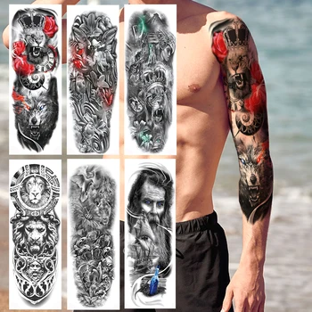 

Full Arm Size Tribal Maori Tiger Wolf Temporary Tattoos Sticker Realistic Fake Warrior Extra Large Sleeve Tattoos For Men Boys