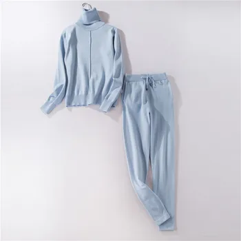 

Casual Sweater Tracksuit Hight Neck Pullovers High Waist Pants Women Sweater Sets Knitted Set Autumn Winter Knitted 2 Pieces Set