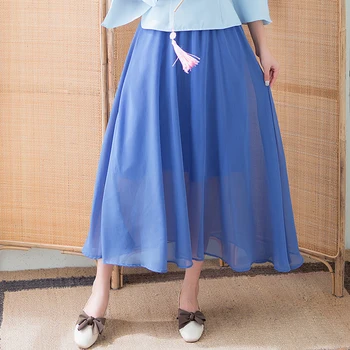 

KYQIAO ropa mujer bohemian long skirt for women Chinese style ethnic boho long green blue red chiffon midi skirt