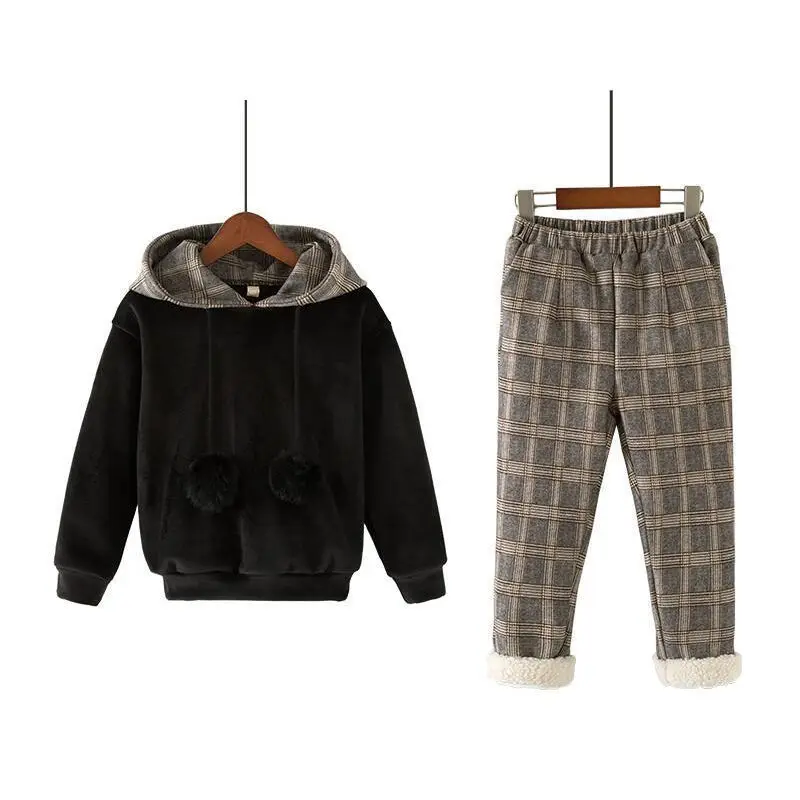 Комплект одежды для девочек-подростков, осенняя футболка с длинным рукавом, Детский комплект из 2 предметов, черная футболка и клетчатые штаны От 4 до 12 лет Широкие штаны