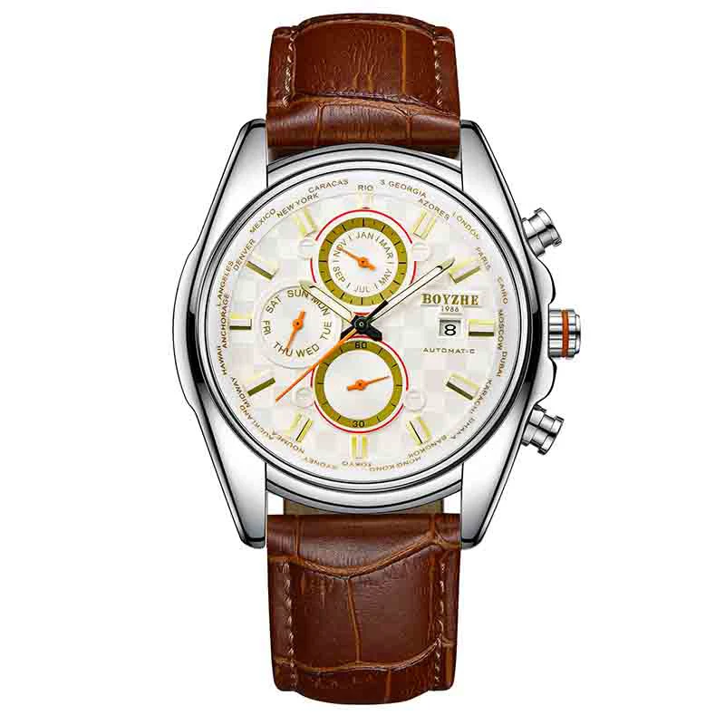Horloge Mannen Automatische Mechanische Horloges водонепроницаемый спортивный люкс мужской повседневный режим Lederen BOYZHE Horlo Relogio Masculino - Цвет: Кофе