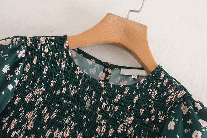 Women Floral Print Elastic Pleated Dress Elegant Lady Round Neck Three-Quarter Sleeve High Waist Autumn Casual Long Dress