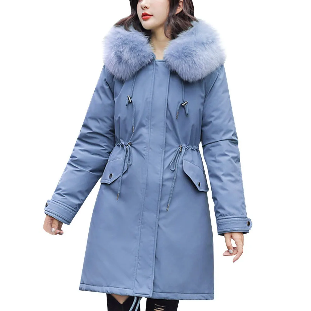 Синий SAGACE Winter Jacket Women's Long Cotton clothing Fashion Zipper female Hooded plus fur collar Thick loose large size - Цвет: Синий