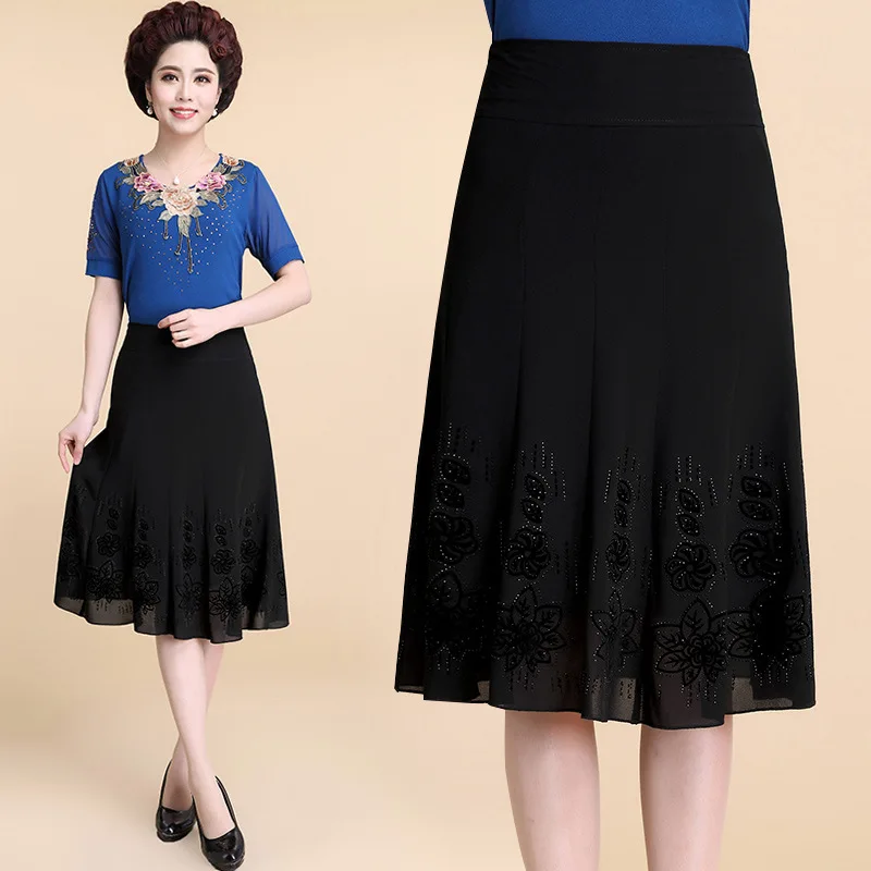 

Middle-aged Summer New Style Half-length Skirt Middle-aged Medium-length Dress Large Size Middle-aged Women Dress Chiffon Pleate