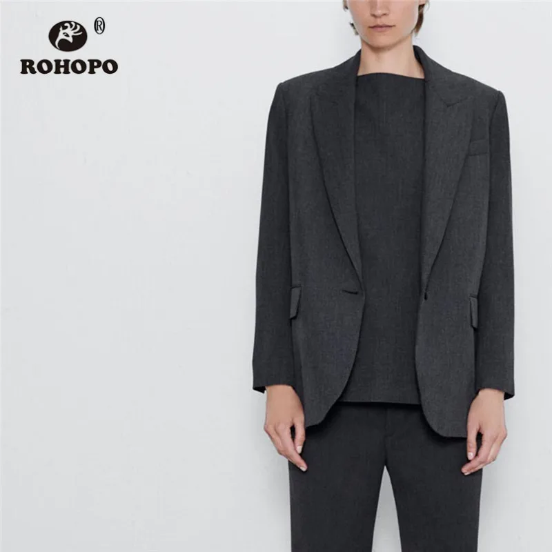 

ROHOPO Single Buttons Notched Collar Round Edge Grey Blazer Side Flaps Welted Pockets Solid Autumn Office Ladies Outwear #6196