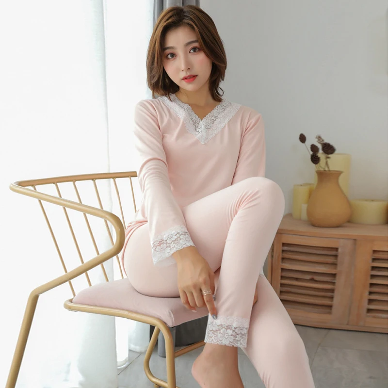 

2019 new Women Casual Underwear Pajamas Tops+Pants Long Sleeve V-neck Solid Color Slim Sleepwear Suit Home pyjama femme hiver