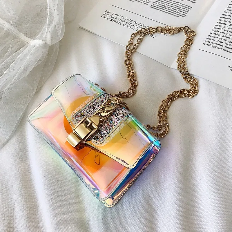 

Laser Colorful Transparent Small Bag 2019 New European Small Shoulder Bad Purse Square Bag Jelly Chain Women's Bag Tide