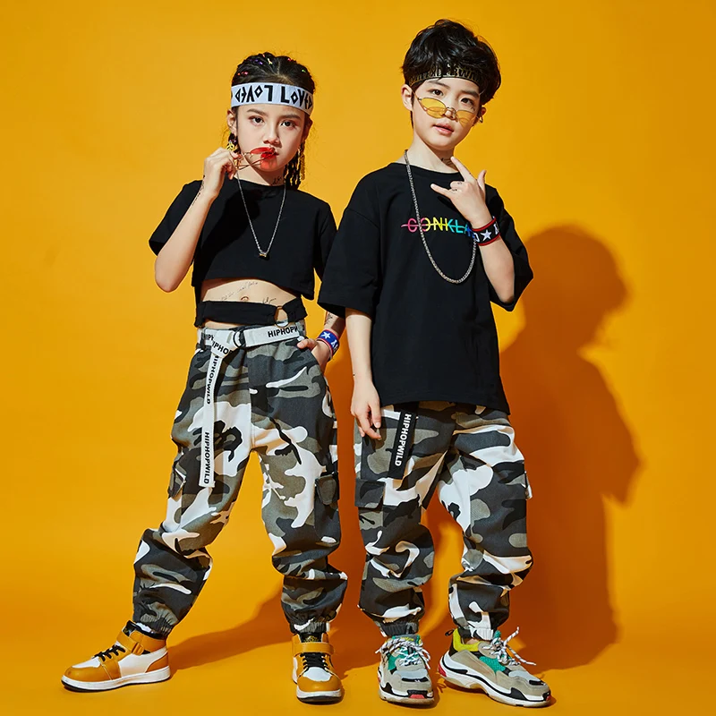 Orange/Grey/Purple Camouflage Hip Hop Pants For Kids Jazz Dance Costume Short Sleeve Tops Girls Boys Stage Show Clothing BL5953
