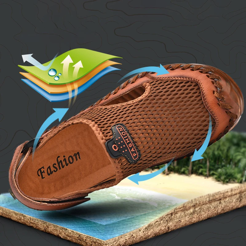 2020 Summer New Sandals Men Breathable Mesh With Hole Cow Leather Shoes Male Comfortable Soft Translucent Sole Men's Casual Shoe 2020 Summer New Sandals Men Breathable Mesh With Hole Cow Leather Shoes Male Comfortable Soft Translucent Sole Men's Casual Shoe