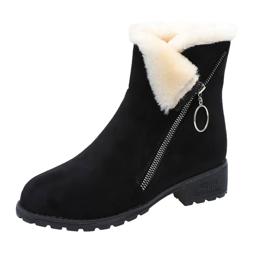

Warm White Plush Snow Boots Women Winter Non-slip Zip Flock Thick Heels Short Martin Boots Round Toe Female Comfort Casual Shoes
