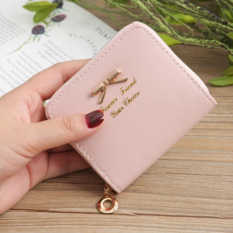 pink Новинка, Модный повседневный женский кошелек, простой, с бантом, на молнии, короткий, кожзам, сплошной цвет, женские кошельки, женская сумка, черный - Цвет: pink
