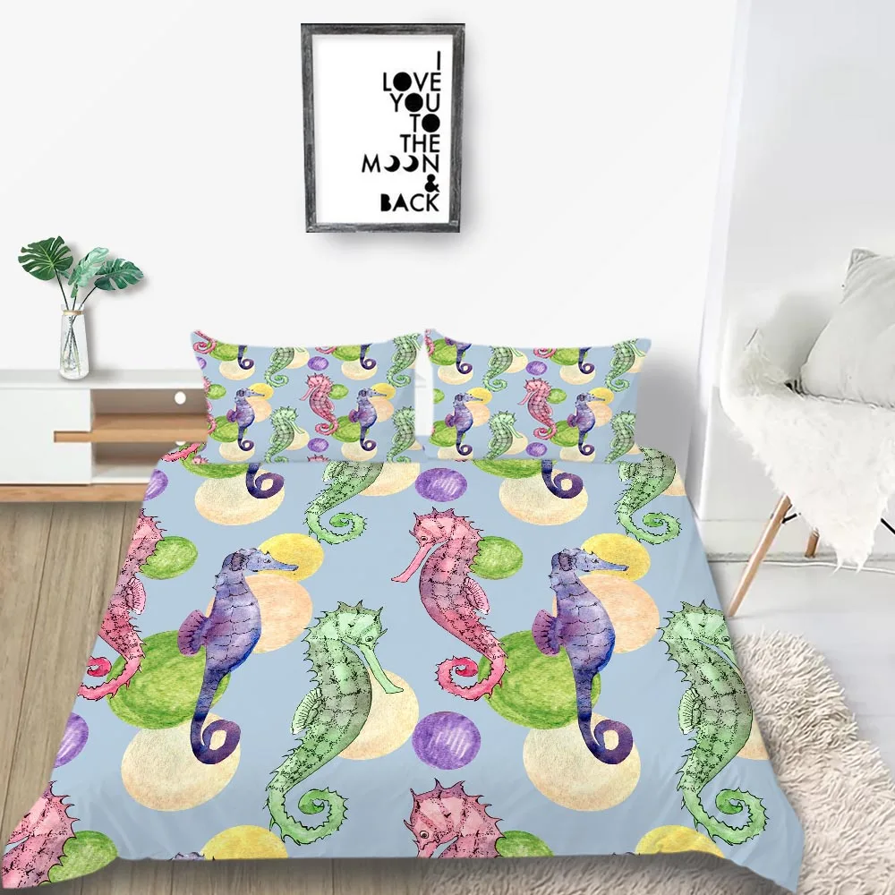 3D Мода постельное белье с животными наборы Seahorse печать черный фон Король Королева двойной полный двойной односпальная кровать комплект белья