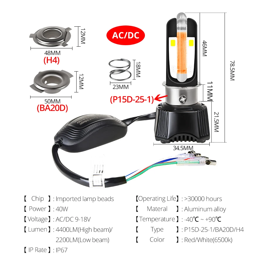 Vehicle Accessories for Electric H4 Motocycle Car Headlight BA20D PA15D HS1 working Lamp 6500K 40W LED Electric Moto Accessories