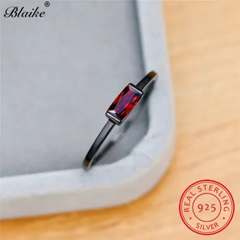 

925 Sterling Silver Rings For Women Men Black Gold Red Blue Stone Thin Ring Band Small Crystal Rectangle Wedding Bands Jewelry