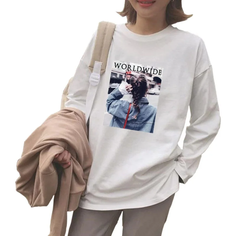 Футболка женская одежда в Корейском стиле Harajuku уличная одежда Poleras Mujer de Moda топы с принтом белая футболка плюс размер длинный рукав