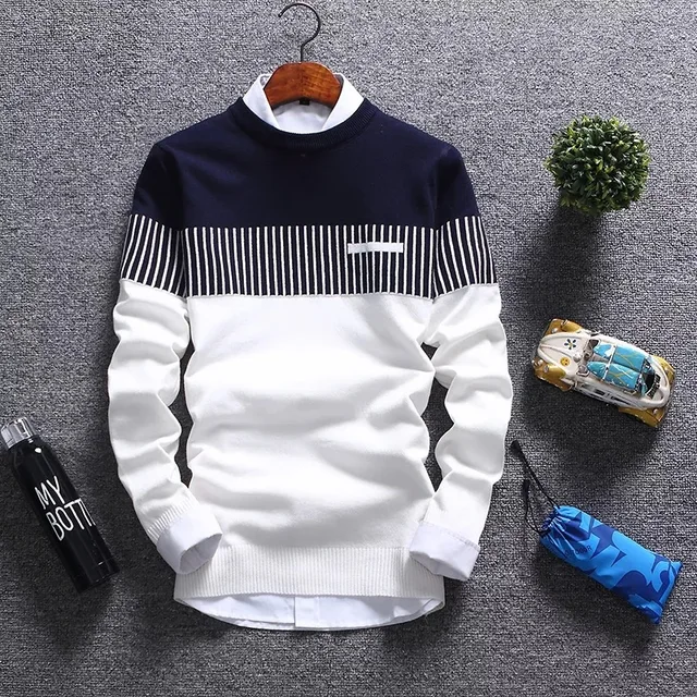 Autumn Slim Fit Striped Knitted Sweaters Men's Apparel Men's Top Sweaters color: navy|Red|White