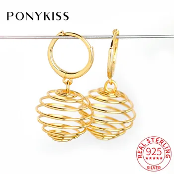 

PONYKISS Trendy 925 Sterling Silver Spring Hollow ball Minimlist Hoop Earrings for Women Party Fine Jewelry Accessory Gift