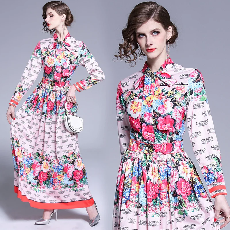 

2019 Spring Summer Fall Runway Floral Letter Print Scarf Bow Tie Neck Long Sleeve Empire Waist Women Casual A-Line Maxi Dress
