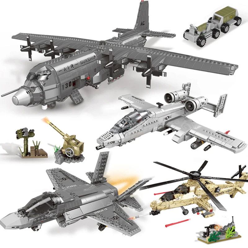 

Military WW2 Series Air Force AC130 A10 F35 Fighter Building Blocks Helicopters With Soldier Figures Bricks Toys For Kid Adult