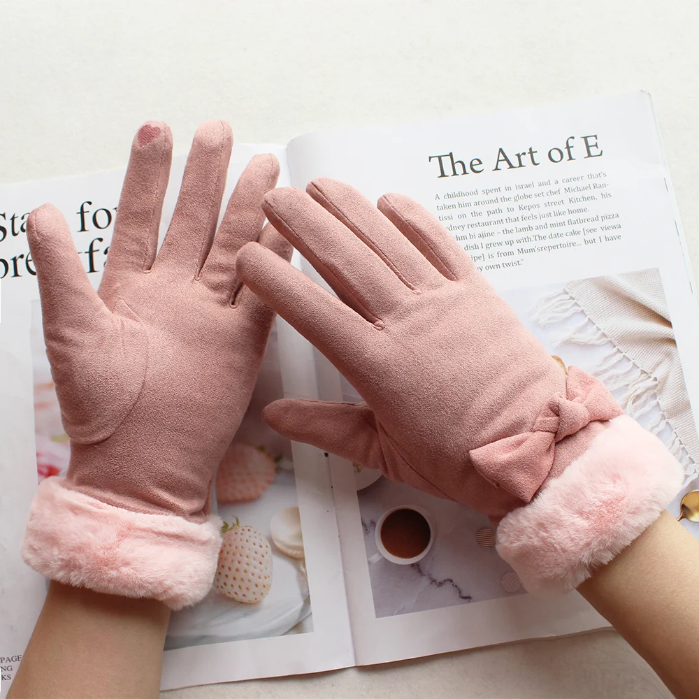 Winter warm gloves ladies touch screen color fashion bow thickened outdoor windproof and cold-proof suede gloves