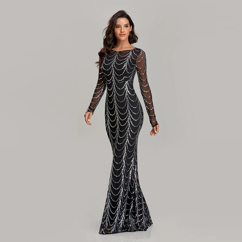 2020 Autumn Winter O Neck Wave Sequins See Though Women Maxi Dresses Elegant Long Sleeve Female Party Dresses Black Silver Pink